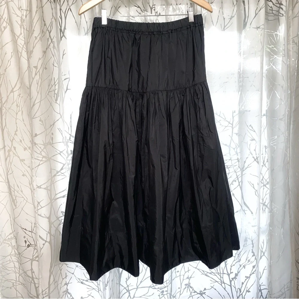 TANYA TAYLOR BLACK TIERED TAFETTA LARA MIDI SKIRT pull on stretchy waist - Picture 5 of 10